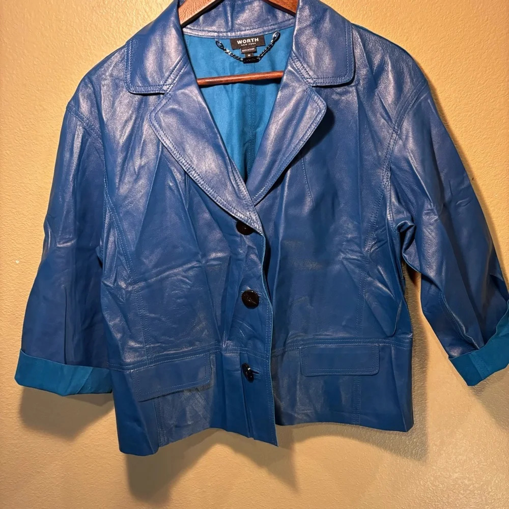 Worth New York Genuine Leather Teal Blazer Jacket Medium Cropped Trendy Stylish